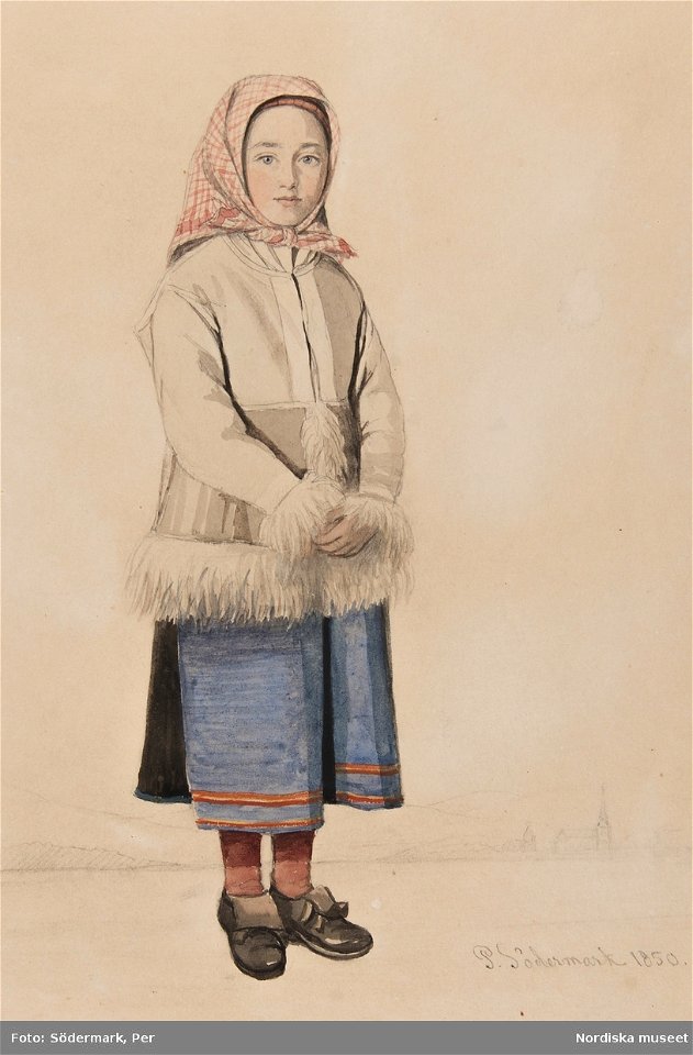 Flicka i Moradräkt med skinntröja, Mora. Akvarell av P.Södermark - Nordiska museet - NMA.0070044