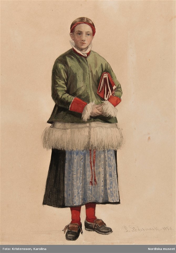 Flicka i Moradräkt. brudpiga i Mora . Akvarell av P. Södermark - Nordiska museet - NMA.0070038