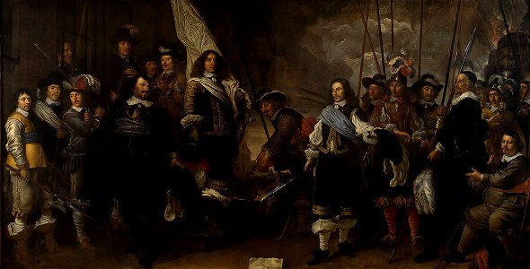 SA 7318-Schutters van de compagnie van kapitein Joan Huydecoper en luitenant Frans van Waveren-Schuttersfeest bij het sluiten van de Vrede van Munster, 1648