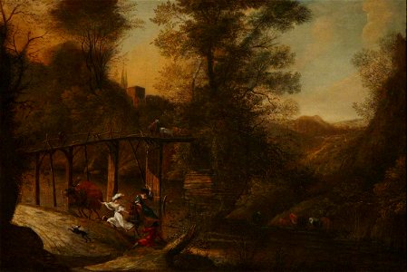 Flemish School - Landscape with a Wooden Bridge and Two Women Escaping from a Man - 247849 - National Trust