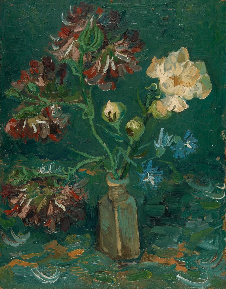 Flesje met pioenrozen en blauwe ridderspoor - s0182V1962 - Van Gogh Museum