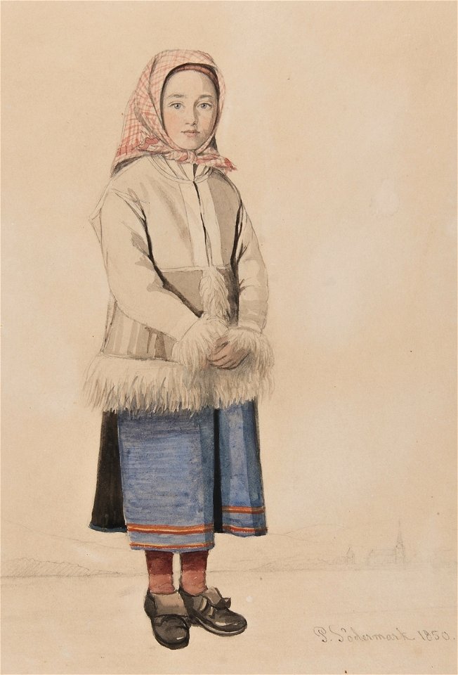 Flicka i Moradräkt med skinntröja, Mora. Akvarell av P.Södermark - Nordiska museet - NMA.0070044 (cropped)
