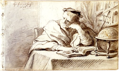 Album amicorum Jacob Heyblocq KB131H26 - p153 - Govert Flinck - Drawing - Scholar in his study. Free illustration for personal and commercial use.