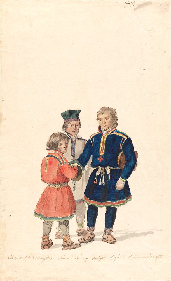 Johannes Flintoe - John Isaksen fra Karasjok, Anders Pedersen fra Tana og Hans Mortensen Kolpus fra Vadsø i sommerdrakter (kopi) - NG.K&H.B.08085 - National Museum of Art, Architecture and Design