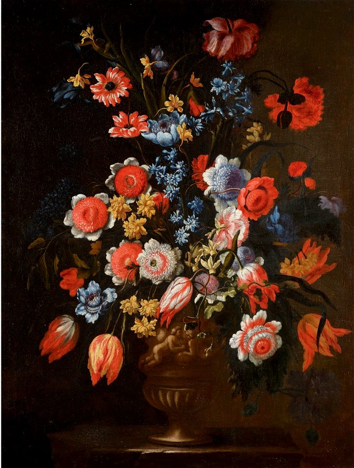 FLORAL STILL LIFES OF BOUQUETS= OF FLOWERS IN SCULPTED URNS, UPON A LEDGE 2