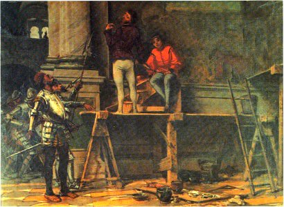Floriano Ferramola rifiuta di abbandonare il cantiere davanti alle truppe di Gaston de Foix. Free illustration for personal and commercial use.