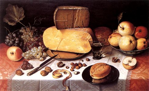 Floris van Dyck - Still-Life with Fruit, Nuts and Cheese - WGA06346. Free illustration for personal and commercial use.