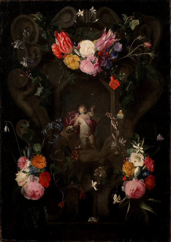 Flowers Around a Cartouche with an Image of Putto - Nationalmuseum - 17635