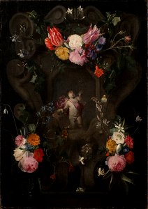 Flowers Around a Cartouche with an Image of Putto - Nationalmuseum - 17635