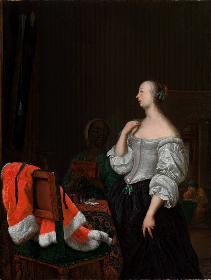 FM-121-Frans van Mieris-A Woman Standing before a Mirror. Free illustration for personal and commercial use.