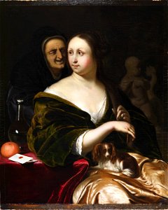 FM-105-Frans van Mieris-Woman with A Lapdog, Accompanied by a Maidservant. Free illustration for personal and commercial use.