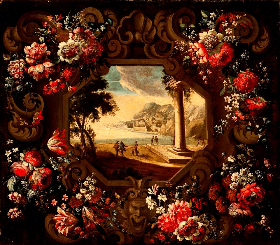 Flower garland and marine landscape of the Golf of Gaeta by Abraham Brueghel and Gennaro Greco