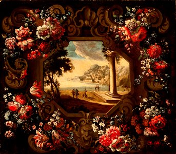 Flower garland and marine landscape of the Golf of Gaeta by Abraham Brueghel and Gennaro Greco