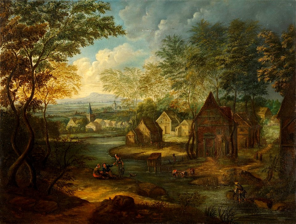 Flusslandschaft mit Dorfansicht 18Jh