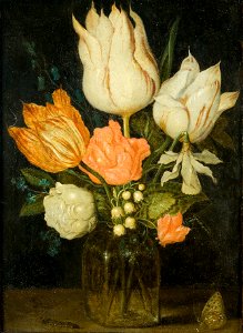 Flowers in a square glass by Ambrosius Bosschaert the Elder. Free illustration for personal and commercial use.