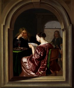 FM-107-Frans van Mieris-A Woman Reading and a Man Seated at a Table. Free illustration for personal and commercial use.