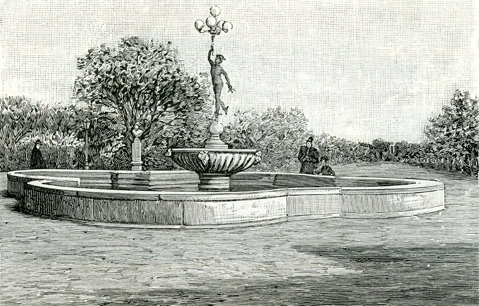 Foggia fontana centrale del Mercurio nei giardini pubblici xilografia