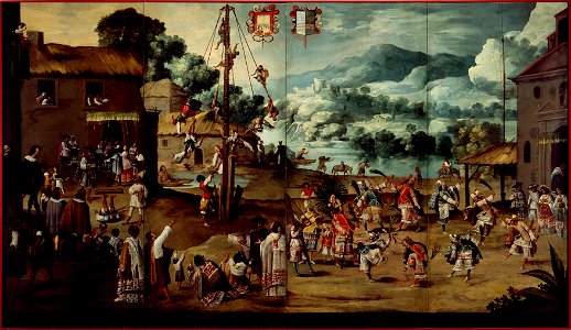 Folding Screen with Indian Wedding and Flying Pole (Biombo con desposorio indígena y palo volador) - Google Art Project