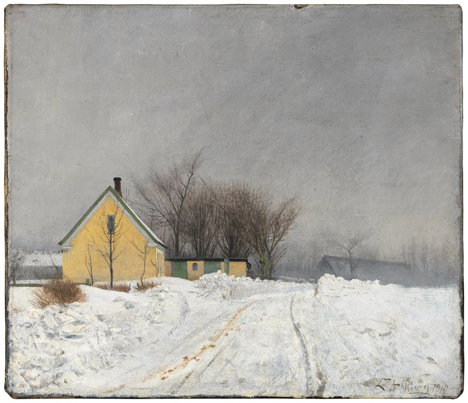 Foggy Winter Day. To the Left a Yellow House. Deep Snow. (Laurits Andersen Ring) - Nationalmuseum - 210396