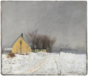 Foggy Winter Day. To the Left a Yellow House. Deep Snow. (Laurits Andersen Ring) - Nationalmuseum - 210396