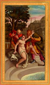 Folio from the Gulshan Album (Rose Garden album); Susanna at her bath surprised by the Elders ca. 1600 Freer and Sackler Gallery Washington