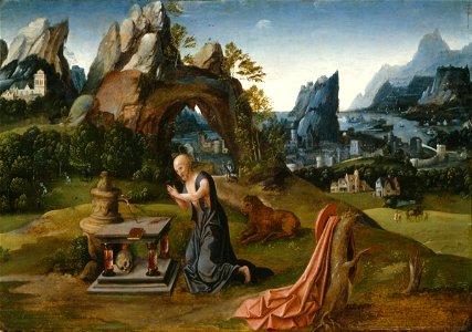 Follower of Joachim Patinir - St. Jerome Praying in a Landscape - Google Art Project. Free illustration for personal and commercial use.