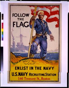 Follow the flag, enlist in the Navy, U.S. Navy recruiting station, 146 Tremont St., Boston - Daugherty ; composition, H.R. LCCN92510004. Free illustration for personal and commercial use.