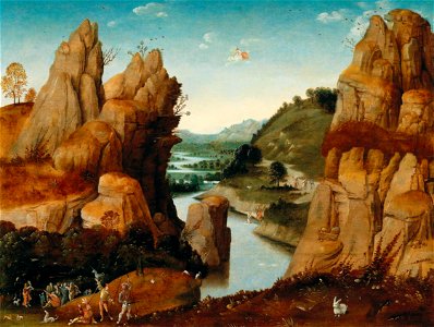 Follower of Joachim Patinir - A rocky landscape with scenes from the life of Saint John the Baptist. Free illustration for personal and commercial use.