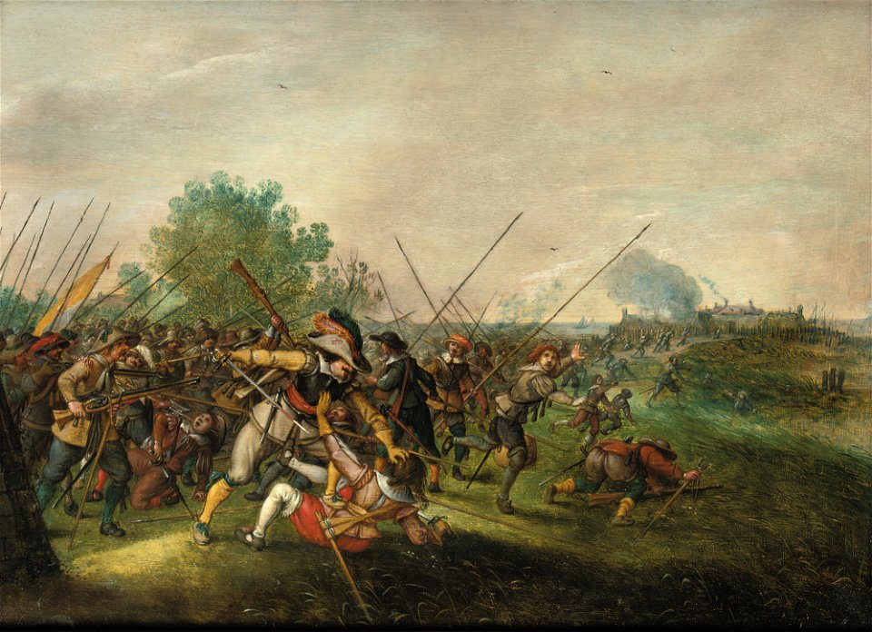 Foot soldiers in a battle, a burning village beyond (by Sebastian Vrancx)