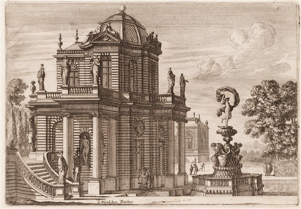 Fontein bekroond met Venus naast een huis met standbeelden, objectnr A 13366