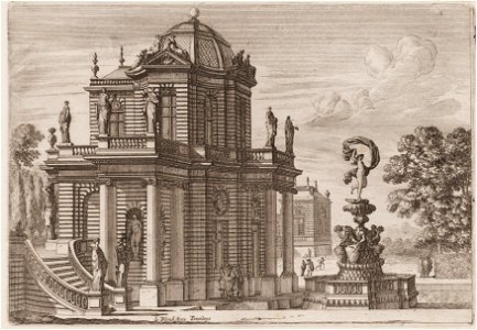Fontein bekroond met Venus naast een huis met standbeelden, objectnr A 13366