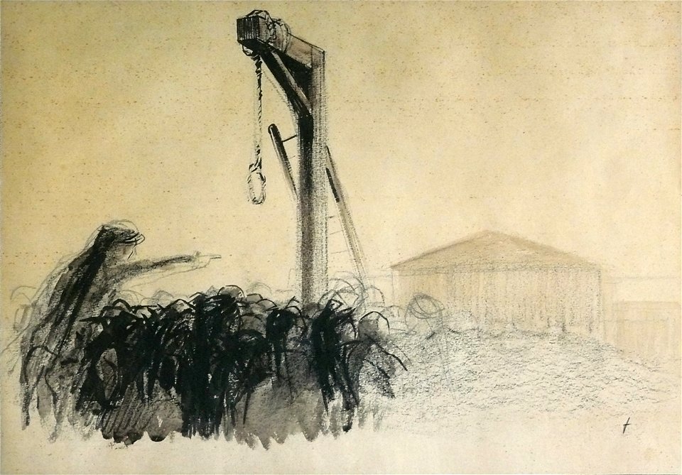 Forain J.L. - Charcoal, Ink, Wash - Foule et gibet devant l'Assemblée Nationale à Paris - 50x34cm