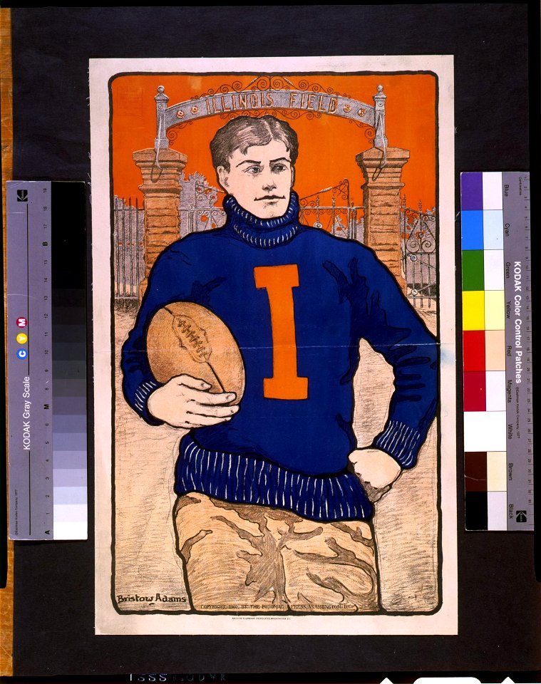 Football player, with letter I on sweater, holding football, in front of Illinois Field) - Bristow Adams LCCN94506798