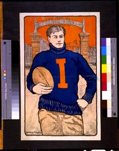 Football player, with letter I on sweater, holding football, in front of Illinois Field) - Bristow Adams LCCN94506798