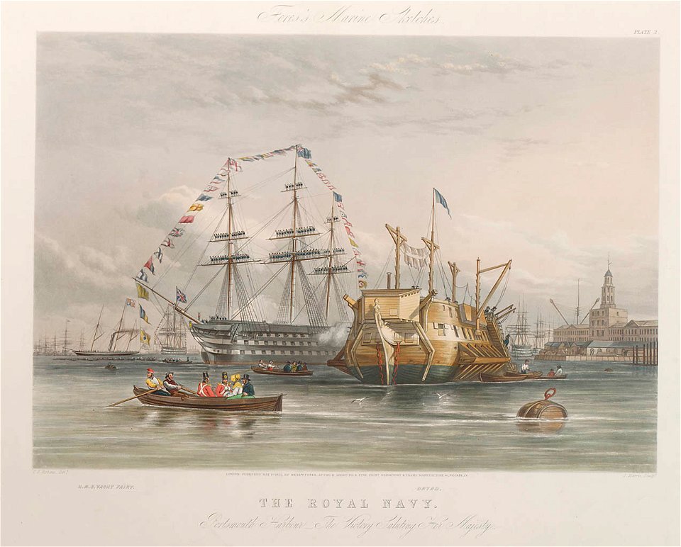 Fores's Marine Sketches. The Royal Navy. Portsmouth Harbour - the Victory Saluting Her Majesty (with) HM Yacht Fairy and Dryad RMG PY9197