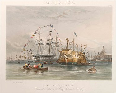Fores's Marine Sketches. The Royal Navy. Portsmouth Harbour - the Victory Saluting Her Majesty (with) HM Yacht Fairy and Dryad RMG PY9197