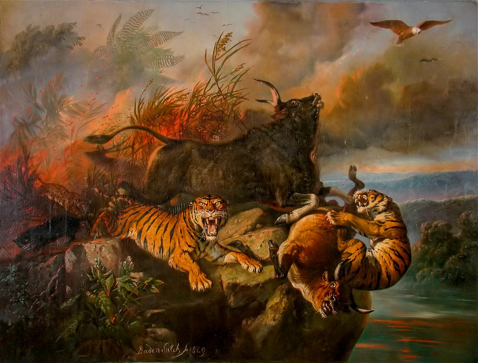 Forest fire, by Raden Saleh