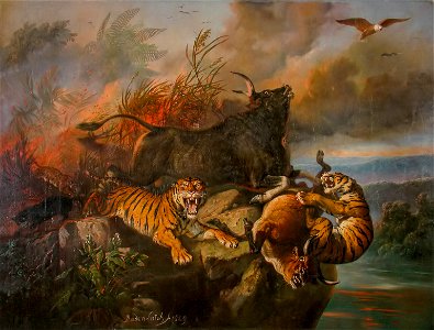 Forest fire, by Raden Saleh