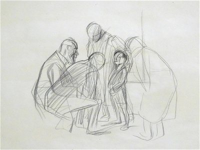 Forain J.L. - Pencil - Scène avec 5 personnages - 40x35cm