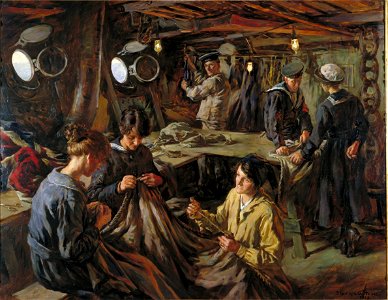Forbes, Stanhope (RA) - WRNS Ratings Sail-making- On Board 'HMS Essex' at Devonport, 1918 - Google Art Project. Free illustration for personal and commercial use.