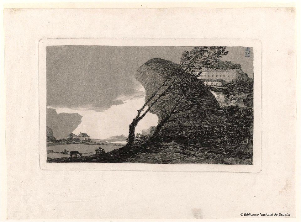 Goya - Paisaje con peñasco, edificios y árboles, bdh0000025275, 1812