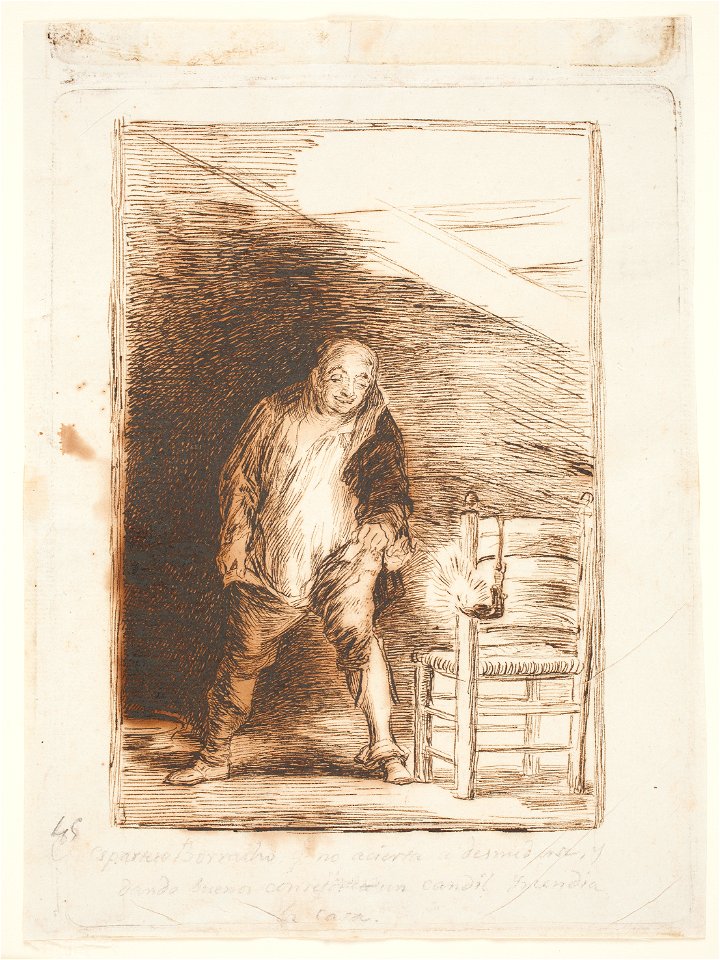 Goya - Sueño 24 (). El espartero Borracho que no acierta a desnudarse, y dando buenos consejos a un candil yncendia la casa, D04194