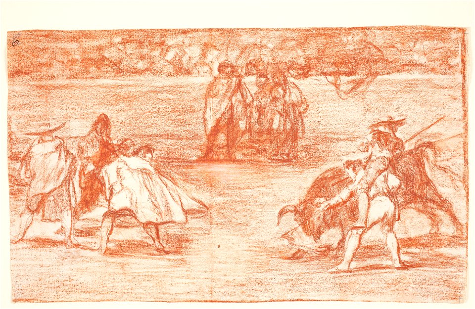 Goya - Un varilarguero, montado a hombros de un chulo, pica al toro, D04323