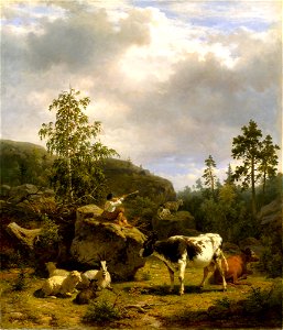 Forest Landscape with a Shepherd Boy and Cattle (Nils Andersson) - Nationalmuseum - 18484. Free illustration for personal and commercial use.