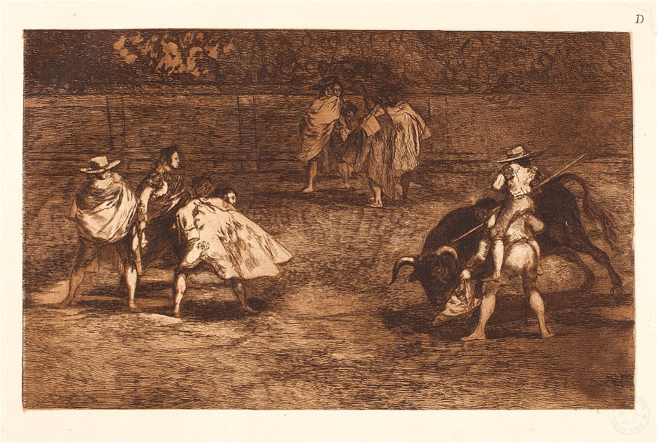 Goya La Tauromaquia (D) Un varilarguero, montado a hombros de un chulo, pica al toro