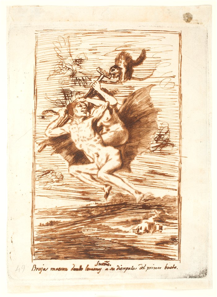 Goya - Sueño 5. Bruja maestra dando lecciones a su discipula del primer buelo, D04206