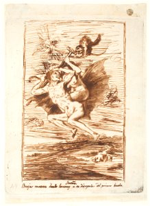 Goya - Sueño 5. Bruja maestra dando lecciones a su discipula del primer buelo, D04206