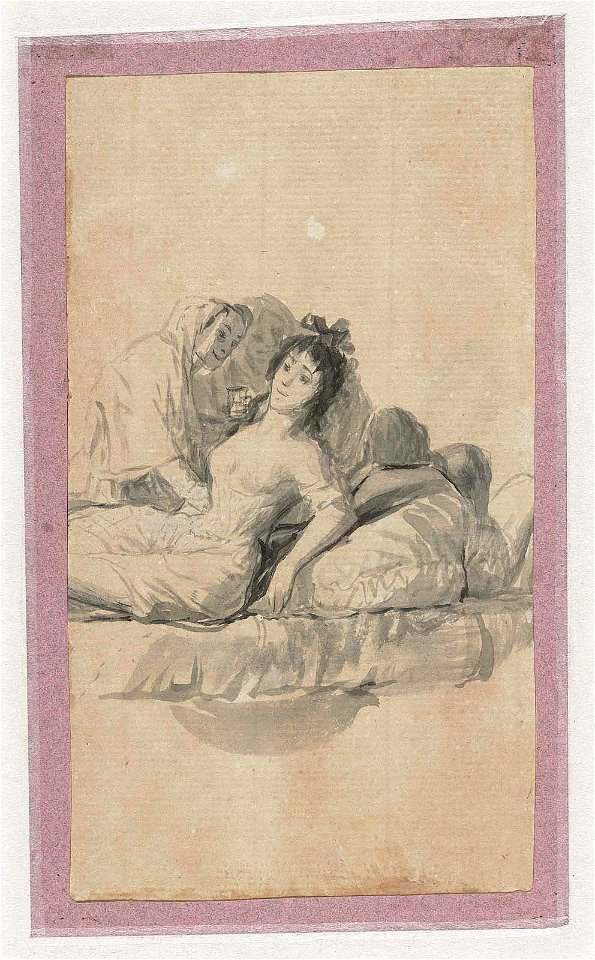 Goya - Young Woman Reclining on a Bed, Attended by Two Old Women, Double-sided drawing from Album A (Sanlúcar Sketchbook), l (verso of k), 63.985a