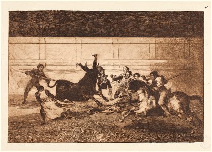 Goya La Tauromaquia (E) Espanto y confusión en la defensa de un chulo cogido. Free illustration for personal and commercial use.