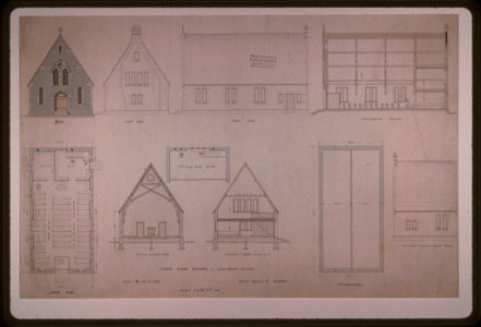 Grace Church (Utica, New York). Sunday school building. Elevation, plan, and section) - Richard Upjohn & Co., Architects LCCN97516620